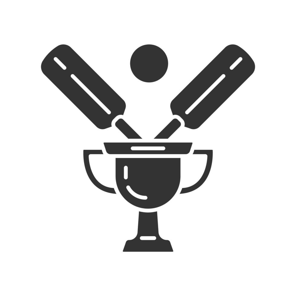 Cricket championship glyph icon. Sport competition. Tournament winner trophy. Champion cup, bat, ball. Game result. League competition. Silhouette symbol. Negative space. Vector isolated illustration