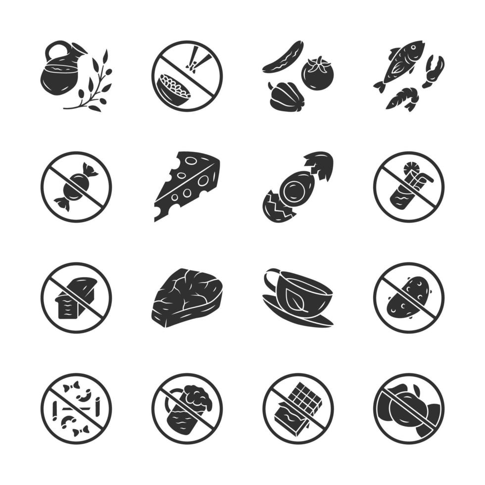 Keto diet flat design long shadow glyph icons set. Low carbs and healthy eating. High protein products. Sugar free food silhouette symbols. Fish, veggies, herbal drink vector isolated illustration