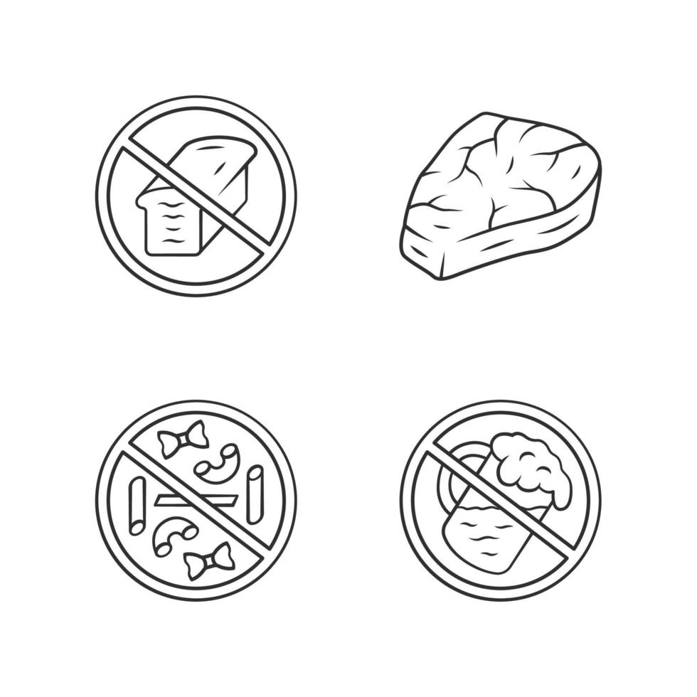 No gluten diet linear icons set. Zero carbs, carnivore eating. Alcohol free drink. Thin line contour symbols. Macaroni, bread loaf, meat steak. Isolated vector outline illustrations. Editable stroke