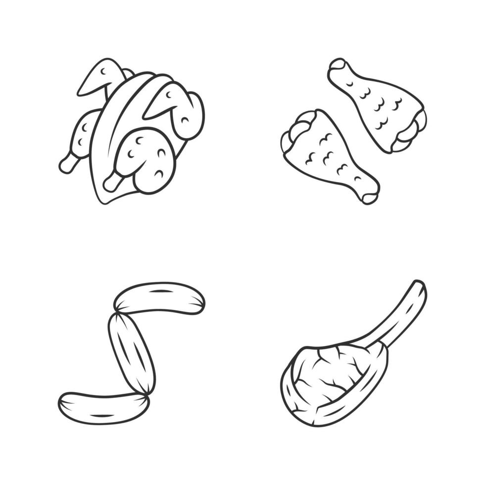 conjunto de iconos lineales de carne de carniceros. canal y muslos de pollo, bistec tomahawk, salchichas, costilla de cerdo. fuentes de proteínas símbolos de contorno de línea delgada. ilustraciones aisladas de contorno vectorial. trazo editable vector