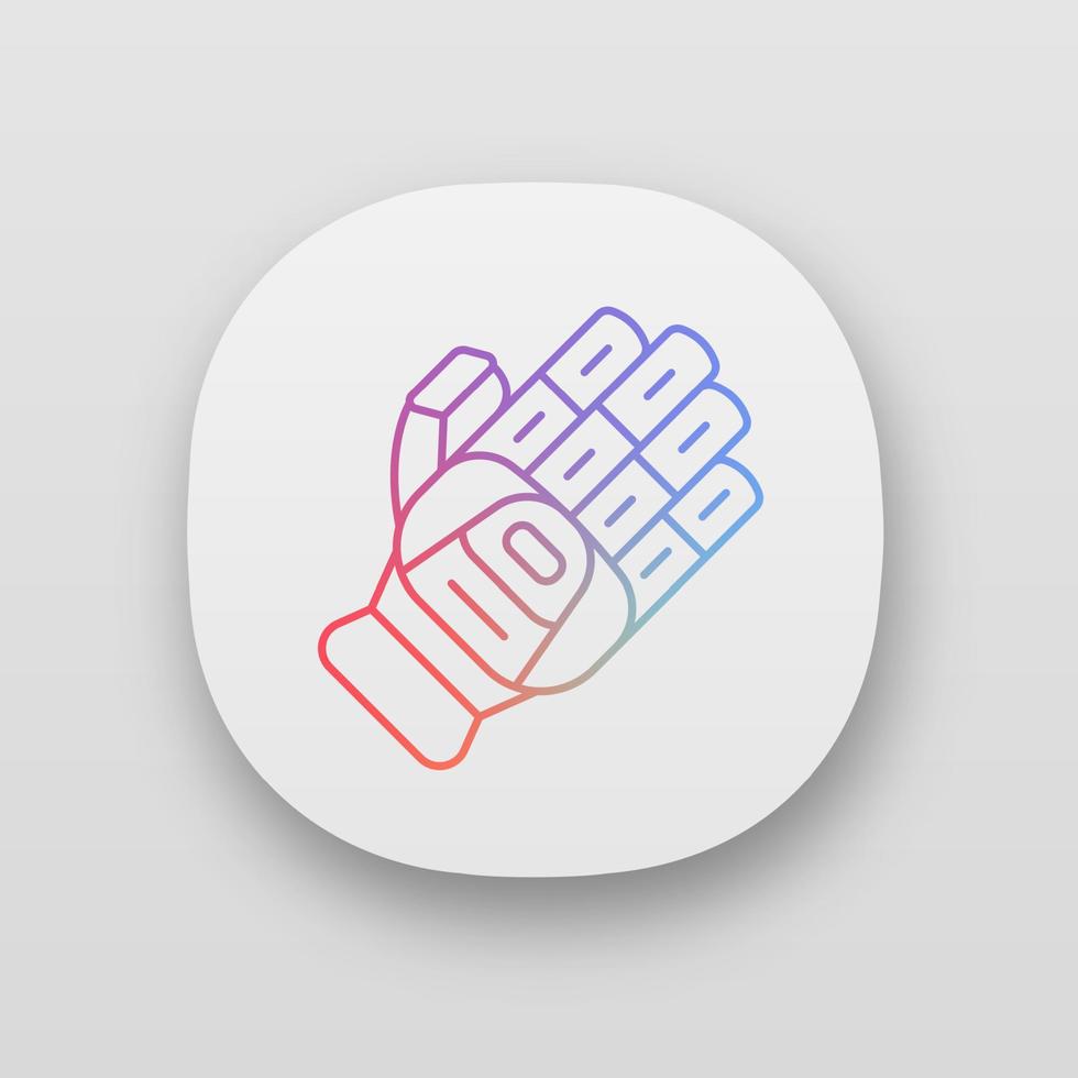 Cricket glove app icon. Batting glove. Body protection for batsman. Cricketer uniform. Protective motorbike gear. UI UX user interface. Web or mobile applications. Vector isolated illustrations