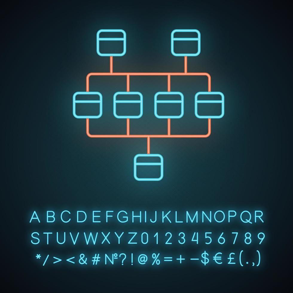 Network diagram neon light icon. Cluster diagram. Network graphical chart. Computers structure. Interconnected system. Glowing sign with alphabet, numbers and symbols. Vector isolated illustration