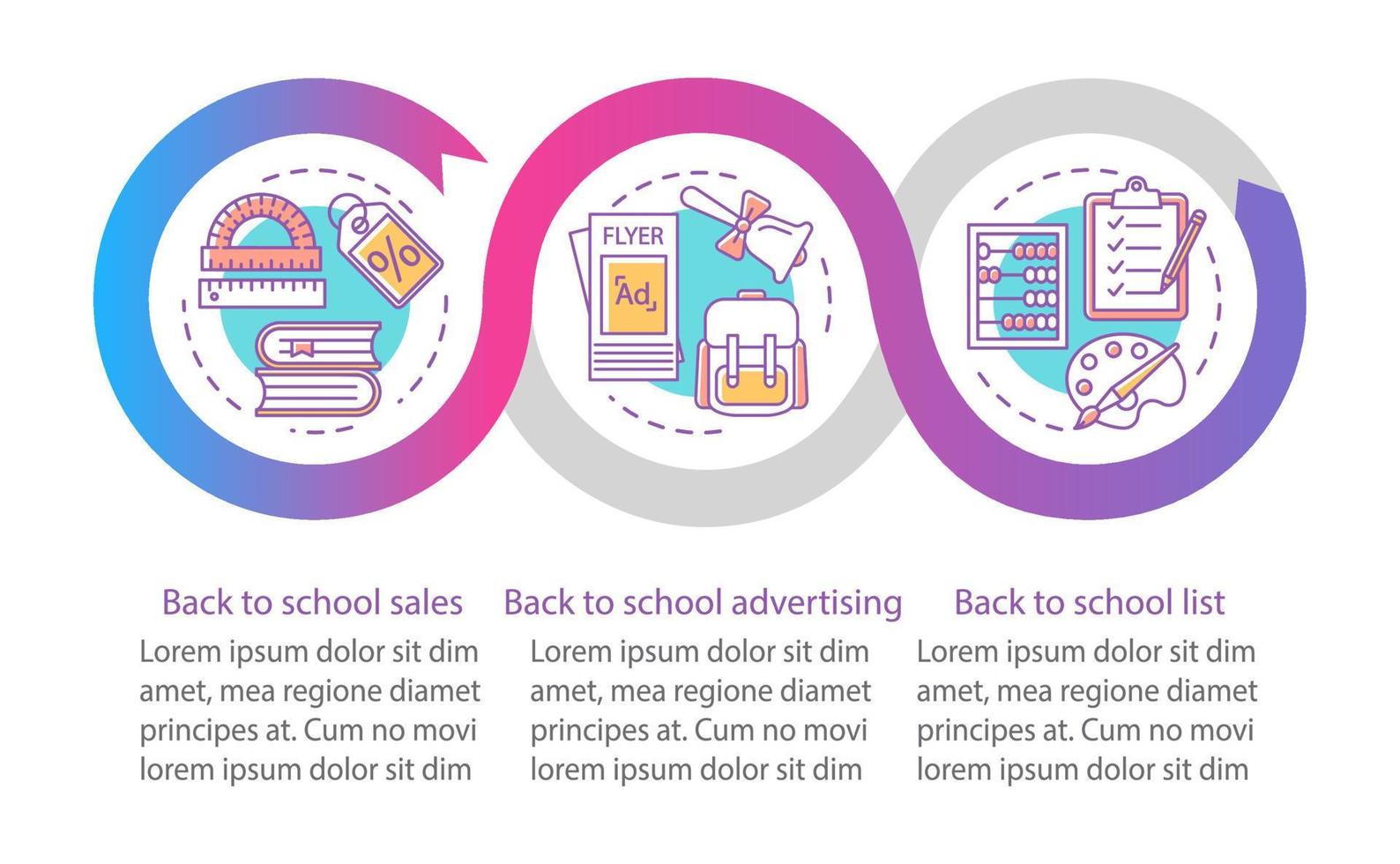 Back to school sales vector infographic template. Business presentation design elements. Data visualization with three steps and options. Process timeline chart. Workflow layout with linear icons