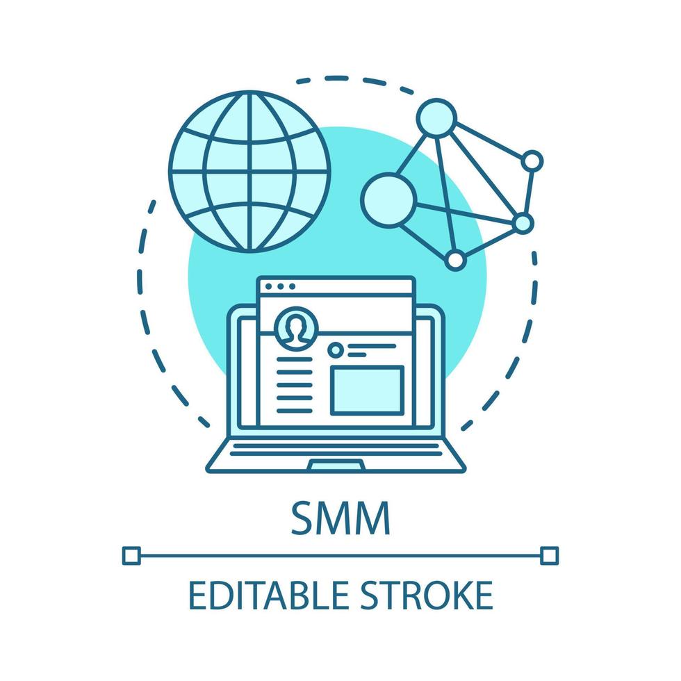 SMM blue concept icon. Digital marketing tactic idea thin line illustration. Social media marketing. Networking website, content sharing, promotion. Vector isolated outline drawing. Editable stroke