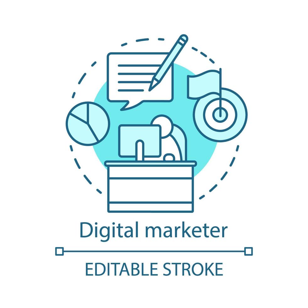 Digital marketer blue concept icon. Digital marketing specialty idea thin line illustration. Target advertising specialist, copywriter. Market analyst. Vector isolated outline drawing. Editable stroke