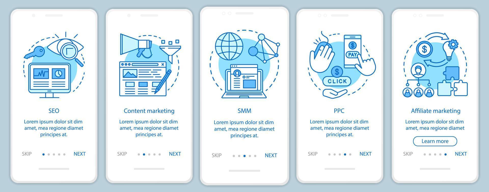 Digital marketing tactics blue onboarding mobile app page screen vector template. SEO,SMM, PPC walkthrough website steps with linear illustrations. UX, UI, GUI smartphone interface concept