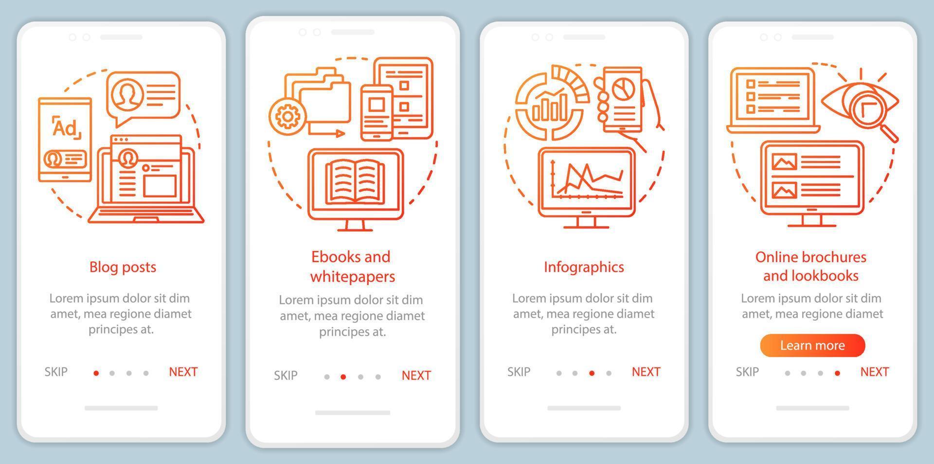 plantilla de vector de pantalla de página de aplicación móvil de incorporación de contenido de conciencia naranja. publicaciones de blog paso a paso del sitio web con ilustraciones lineales. ux, ui, concepto de interfaz de teléfono inteligente gui