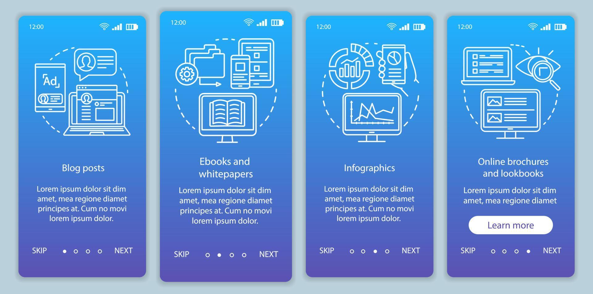 Awareness content blue gradient onboarding mobile app page screen vector template. Blog posts walkthrough website steps with linear illustrations. UX, UI, GUI smartphone interface concept