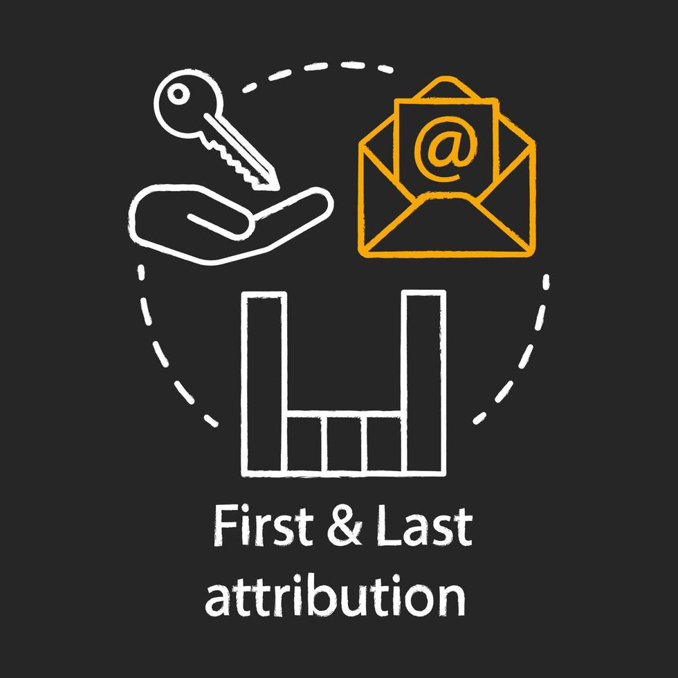 First and Last attribution chalk concept icon. Attribution modeling types idea. Digital marketing channel. Conversion model. Web analytics. Vector isolated chalkboard illustration