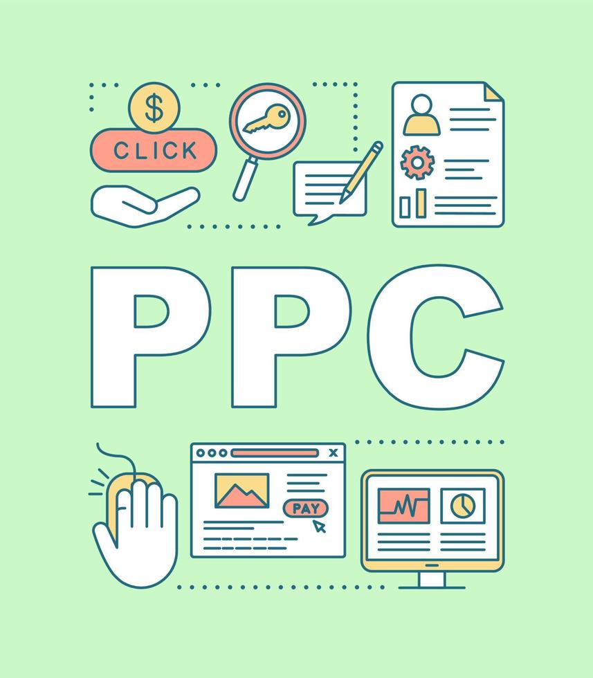 PPC word concepts banner. Pay per click. Internet advertising model. Marketing strategy. Presentation, website. Isolated lettering typography idea with linear icons. Vector outline illustration