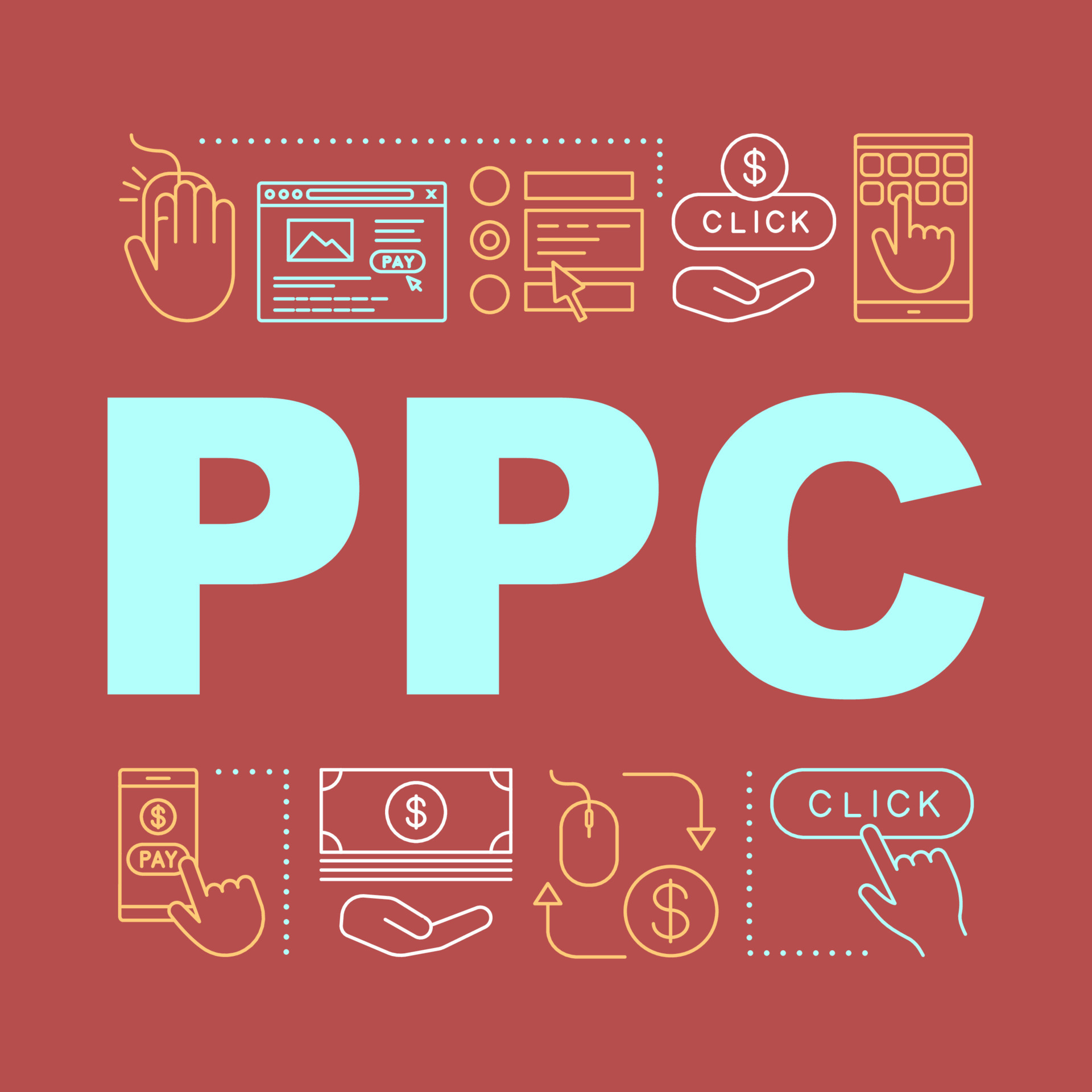 PPC word concepts banner. Pay per click digital marketing strategy