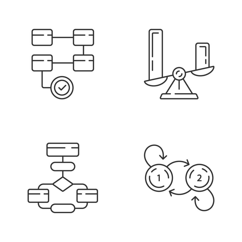 diagrama conceptos conjunto de iconos lineales. Gráficos de actividad, comparación, flujo y estado. representación simbólica de la información. símbolos de contorno de línea delgada. ilustraciones aisladas de contorno vectorial. trazo editable vector