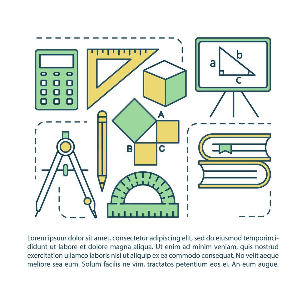 Geometry tools and shapes article page vector template.Drafting. Brochure, magazine, booklet design element with linear icons and text boxes. Print design. Concept illustrations with text space .. ..