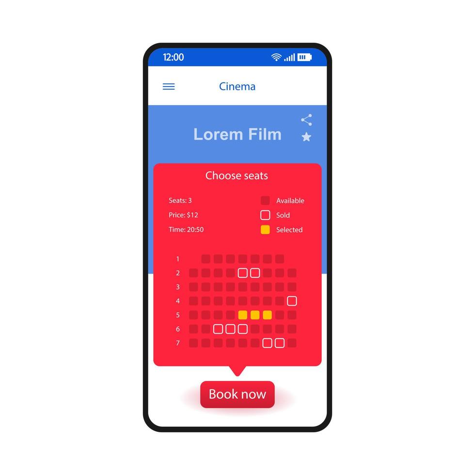 Movie seats booking smartphone interface vector template. Mobile app page design layout. Cinema, concert tickets purchase .. screen. Flat UI for application. Online places reservation. Phone display