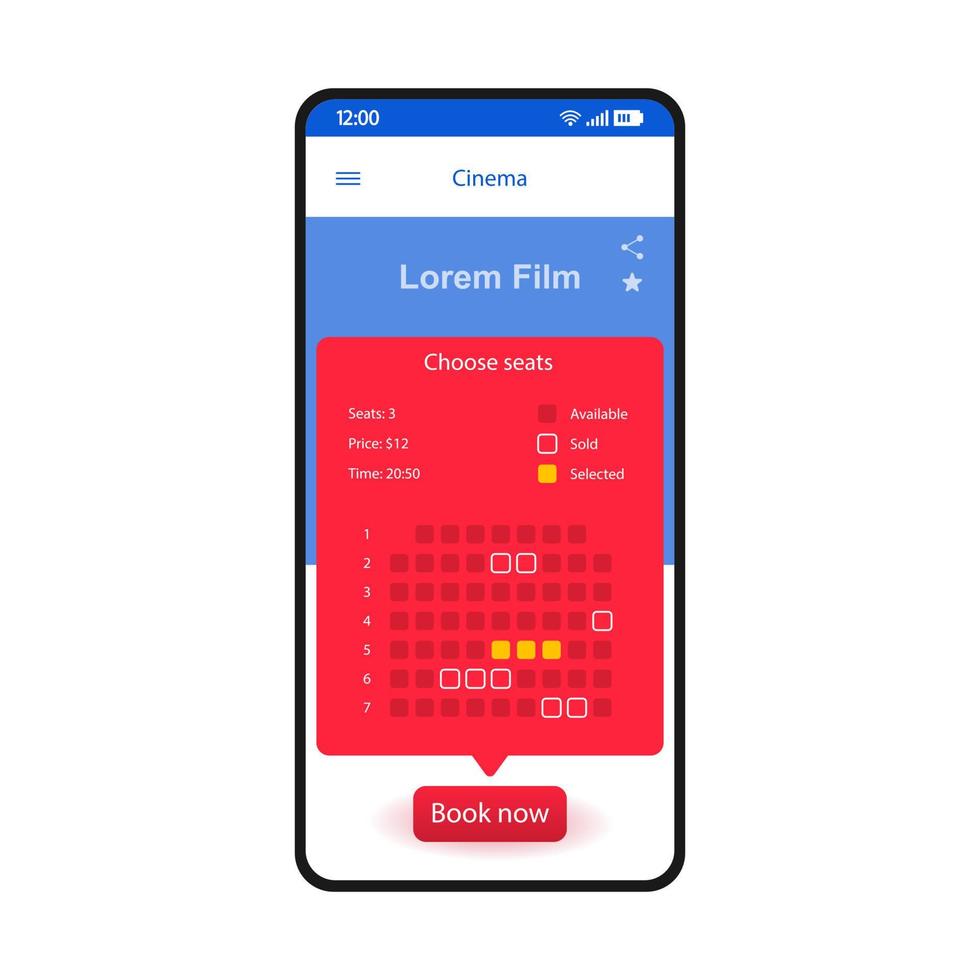 Plantilla de vector de interfaz de teléfono inteligente de reserva de asientos de película. diseño de página de aplicación móvil. cine, compra de entradas para conciertos.. pantalla. interfaz de usuario plana para la aplicación. reserva de plazas online. pantalla del teléfono