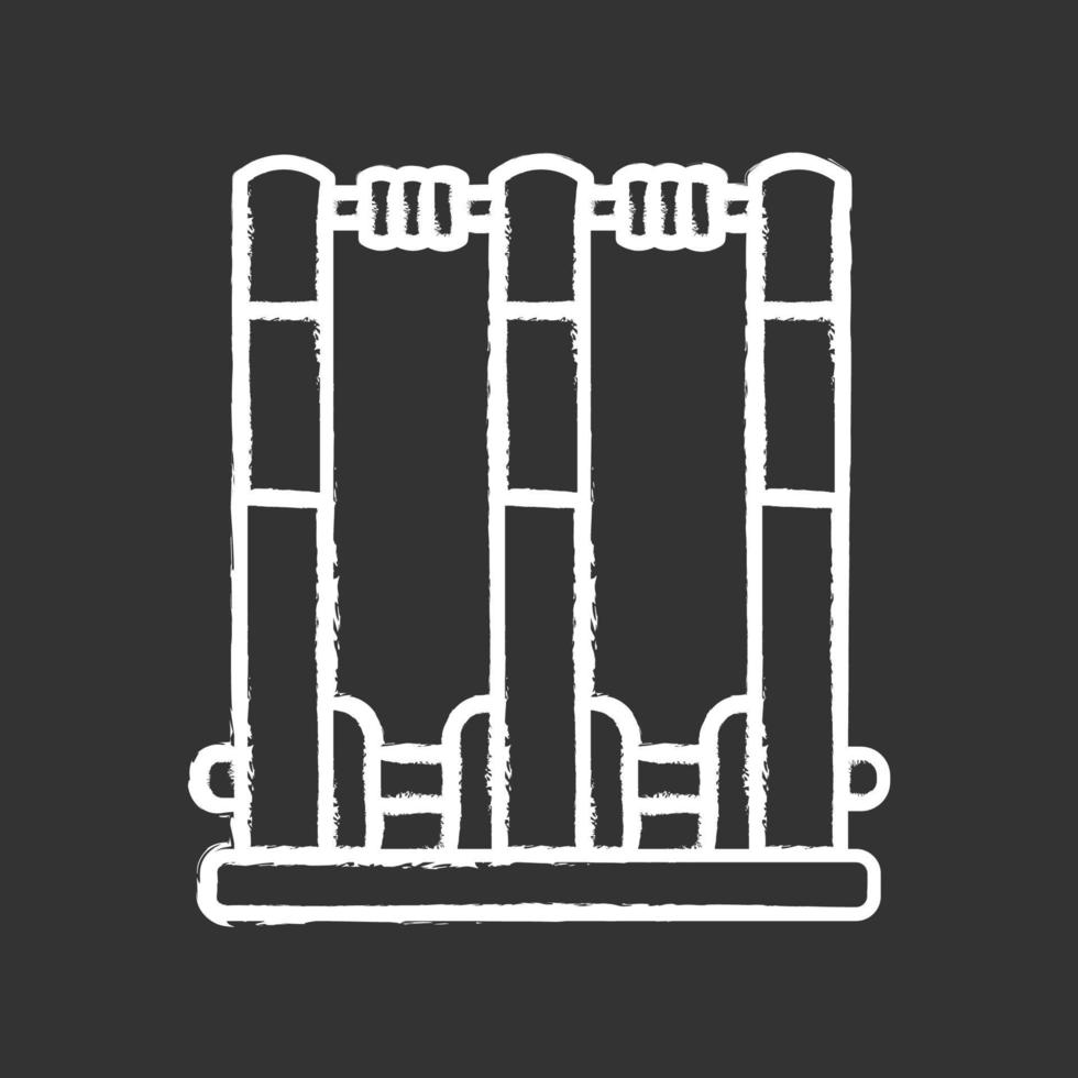 icono de tiza de tocones de cricket. portillo de cricket. puerta en juego. tres postes verticales con fianzas. equipo de juegos deportivos. juego de equipo de bate y pelota. actividad deportiva ilustración de pizarra de vector aislado