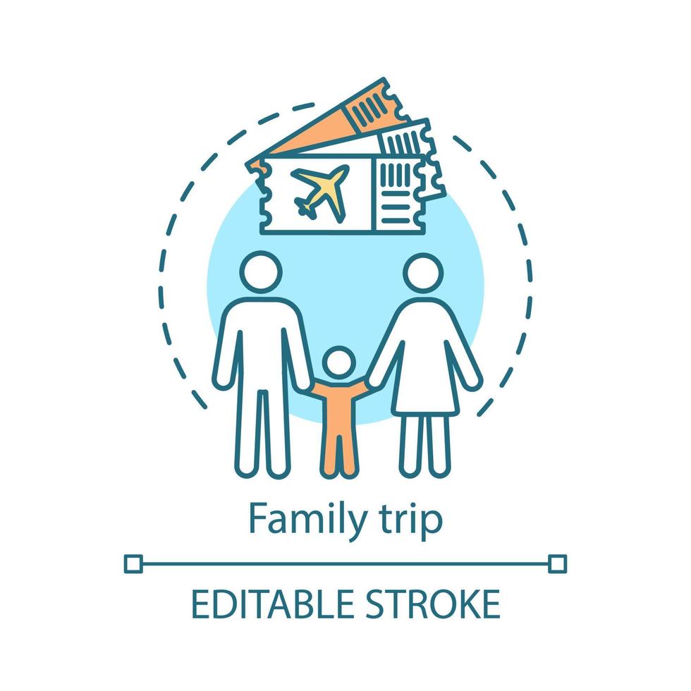 Family trip concept icon. Travel style idea thin line illustration. City tours. Kid-friendly activities. Vacation destinations. Vector isolated outline drawing. Editable stroke