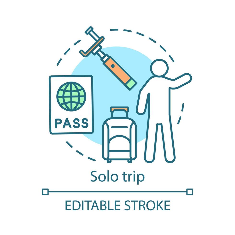 Solo trip concept icon. Travel style idea thin line illustration. City tours. Traveling alone. Vacation destinations. Vector isolated outline drawing. Editable stroke