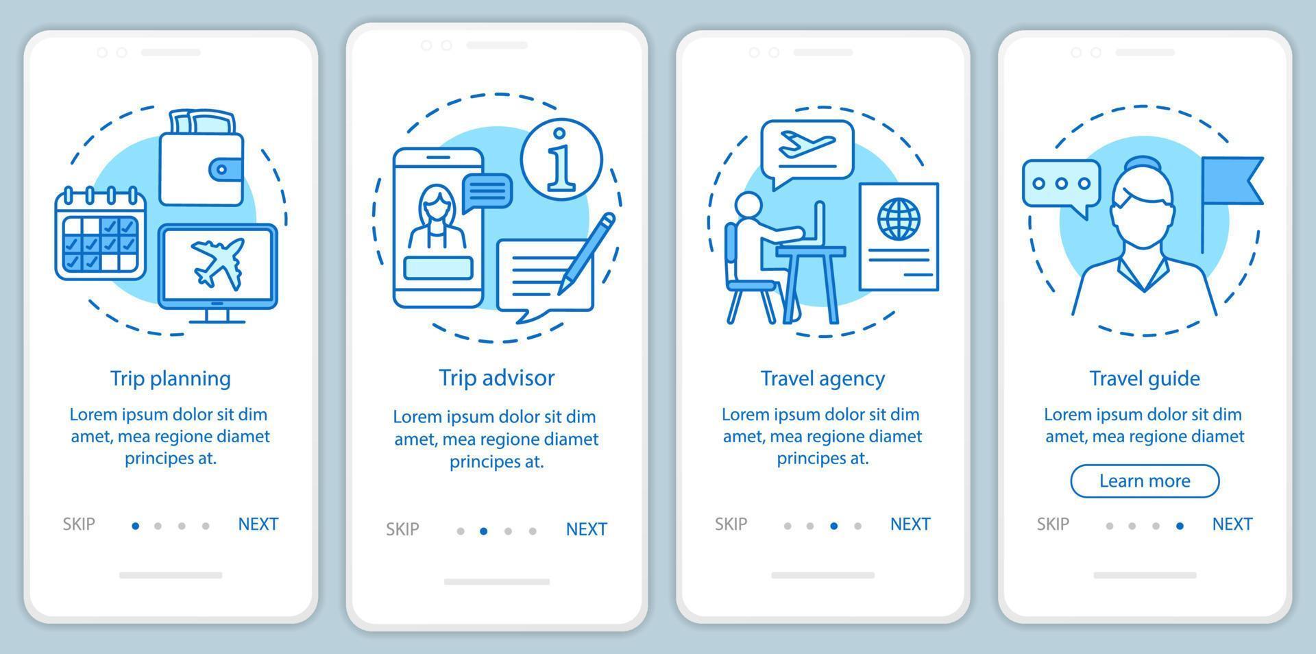 Traveling onboarding mobile app page screen with linear concepts. Travel agency and guide. Four walkthrough steps graphic instructions. Trip planning. UX, UI, GUI vector template with illustrations
