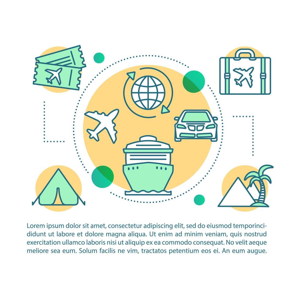 Adventure time article page vector template. Travel agency. Active recreation. Brochure, magazine, booklet design element, linear icons and text boxes. Print design. Concept illustrations, text space