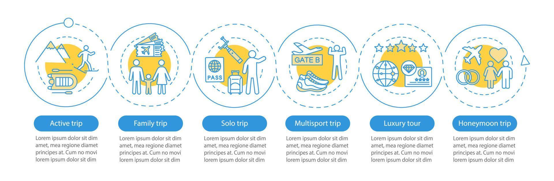 Travel styles vector infographic template. Business presentation design elements. Luxury tour. Data visualization with six steps and options. Process timeline chart. Workflow layout with linear icons