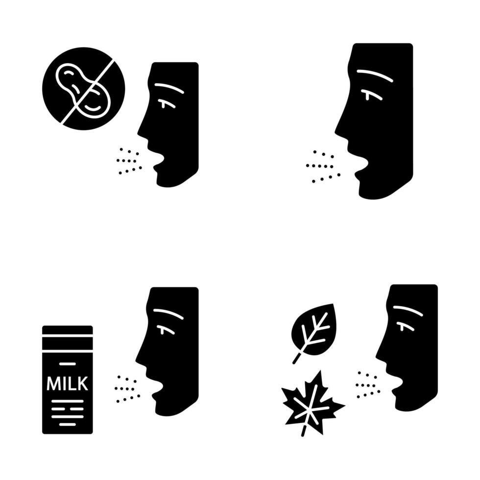 Allergies glyph icons set. Peanut, milk, dust, mold intolerance. Causes and symptoms of allergic diseases. Hypersensitivity of immune system. Silhouette symbols. Vector isolated illustration