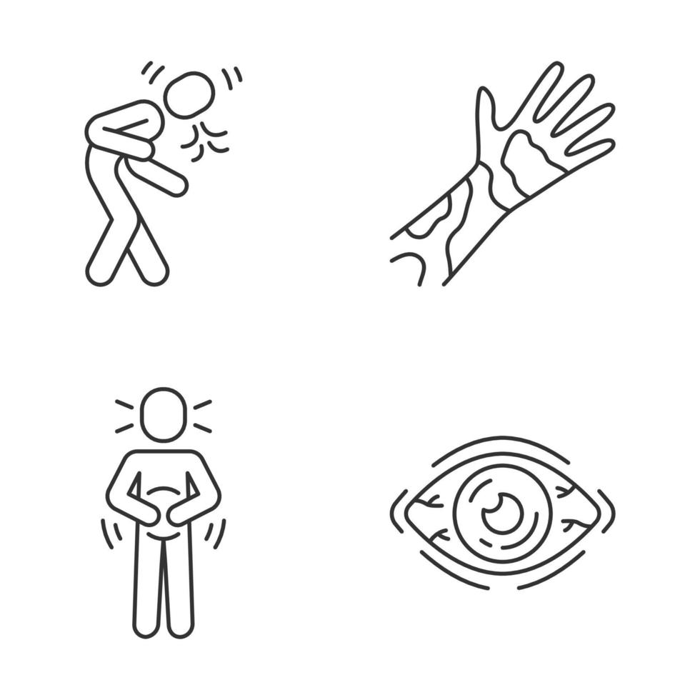 Conjunto de iconos lineales de síntomas de alergia. símbolos de contorno de línea delgada. dermatitis de contacto, urticaria, hivis. ilustraciones aisladas de contorno vectorial. conjuntivitis alérgica, ojo inyectado en sangre. trazo editable vector