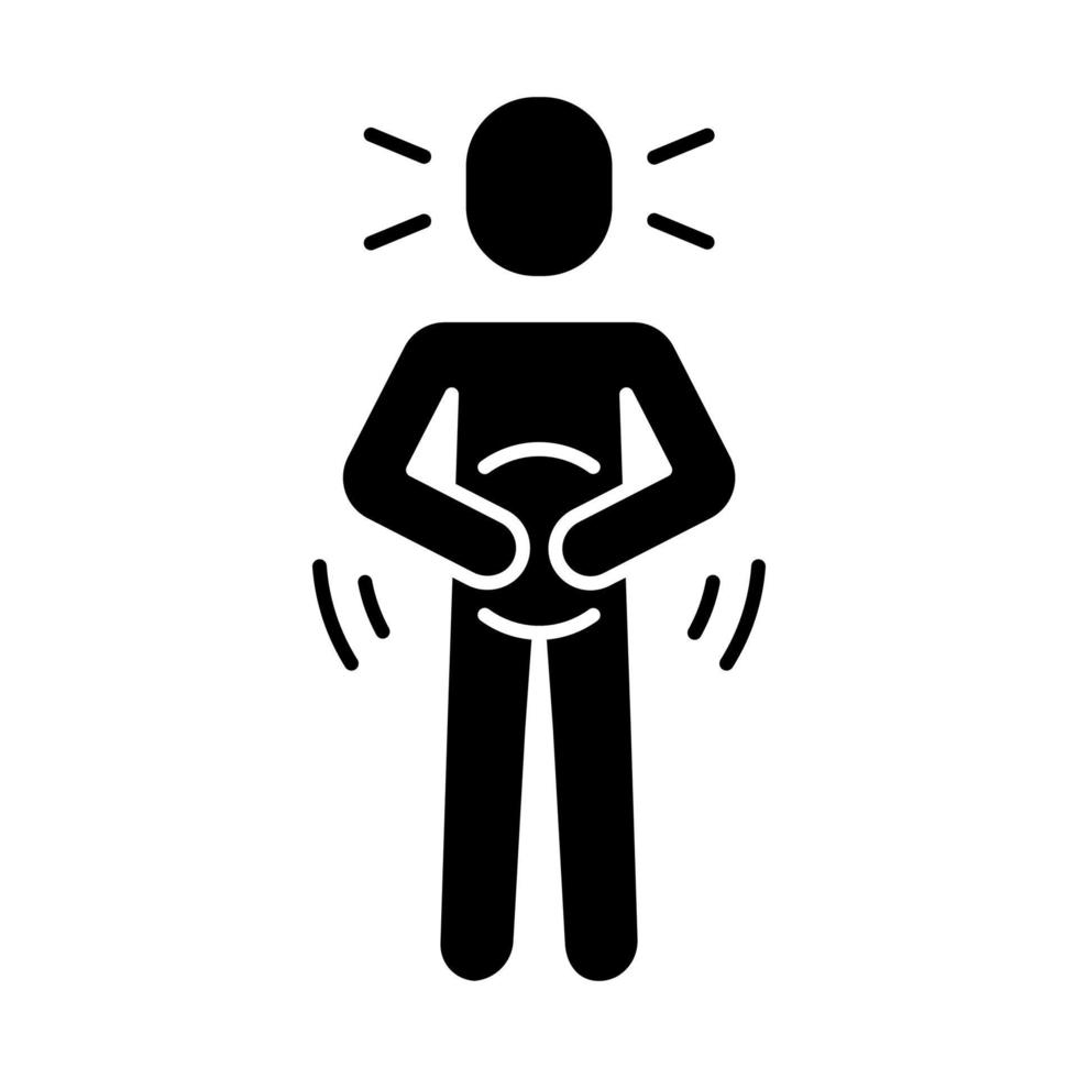 Abdominal pain glyph icon. Digestive system problem. Food poisoning, allergy symptom. Silhouette symbol. Negative space. Period spasm, menstrual cramps. Vector isolated illustration
