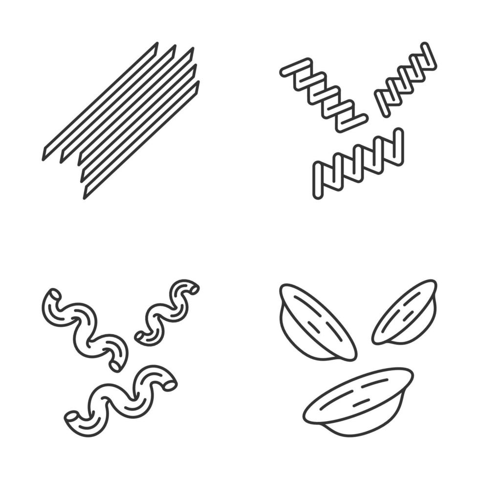 Pasta noodles linear icons set. Spaghetti, fusilli, cavatappi, orecchiette. Italian food. Mediterranean macaroni. Thin line contour symbols. Isolated vector outline illustrations. Editable stroke