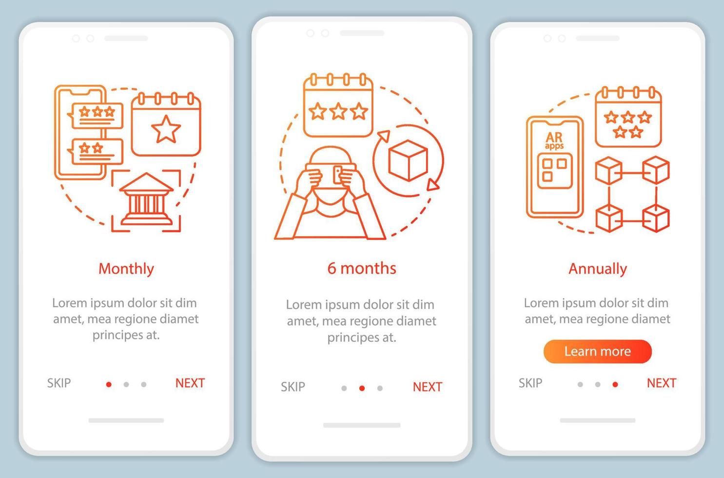 pantalla de la página de la aplicación móvil de incorporación de la suscripción a la herramienta ar con conceptos lineales. 6 meses de tarifa. instrucciones gráficas de tres pasos de recorrido. ux, ui, plantilla vectorial gui con ilustraciones vector