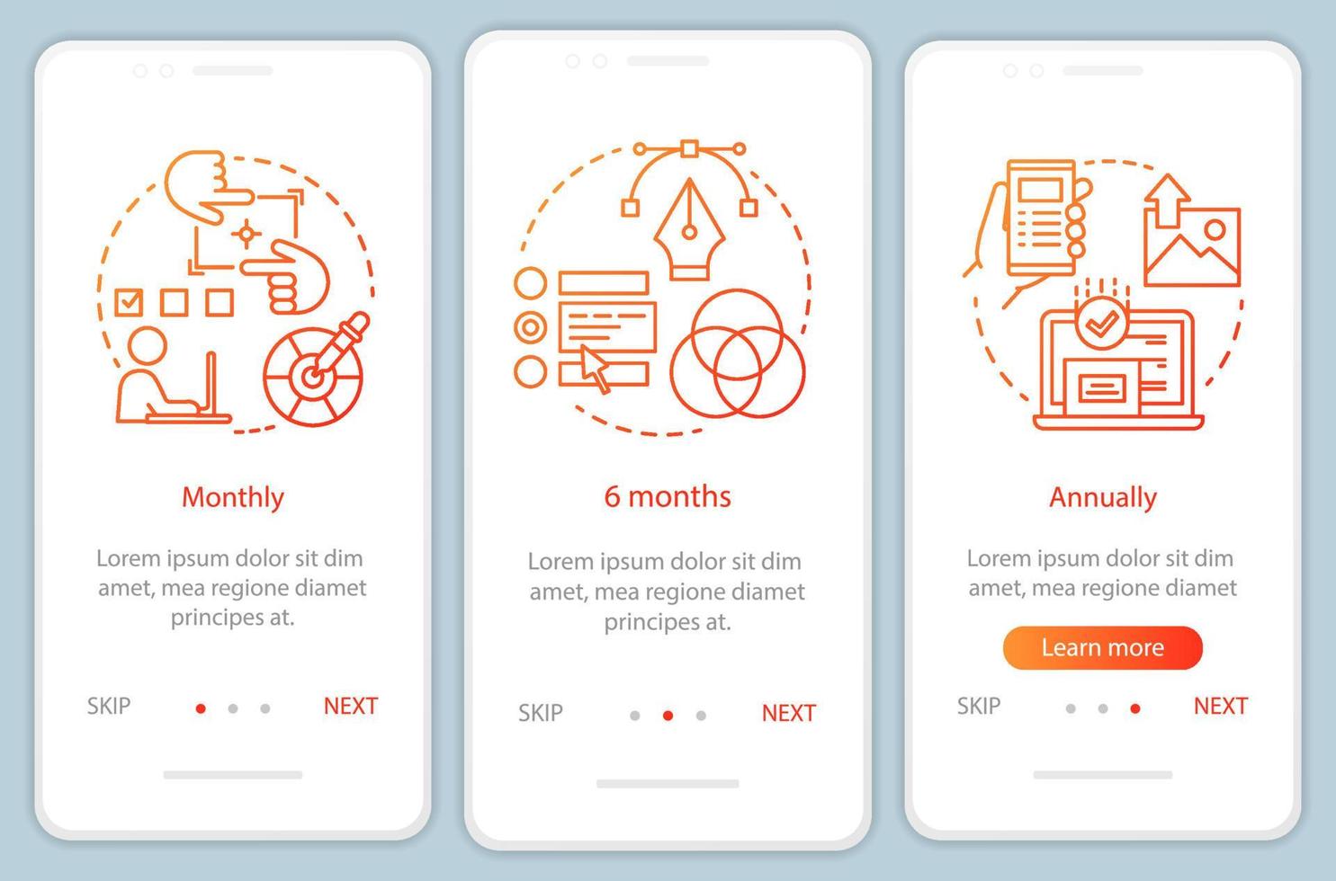 suscripción al editor de fotos incorporando la pantalla de la página de la aplicación móvil con conceptos lineales. 6 meses de tarifa. instrucciones gráficas de tres pasos de recorrido. ux, ui, plantilla vectorial gui con ilustraciones vector