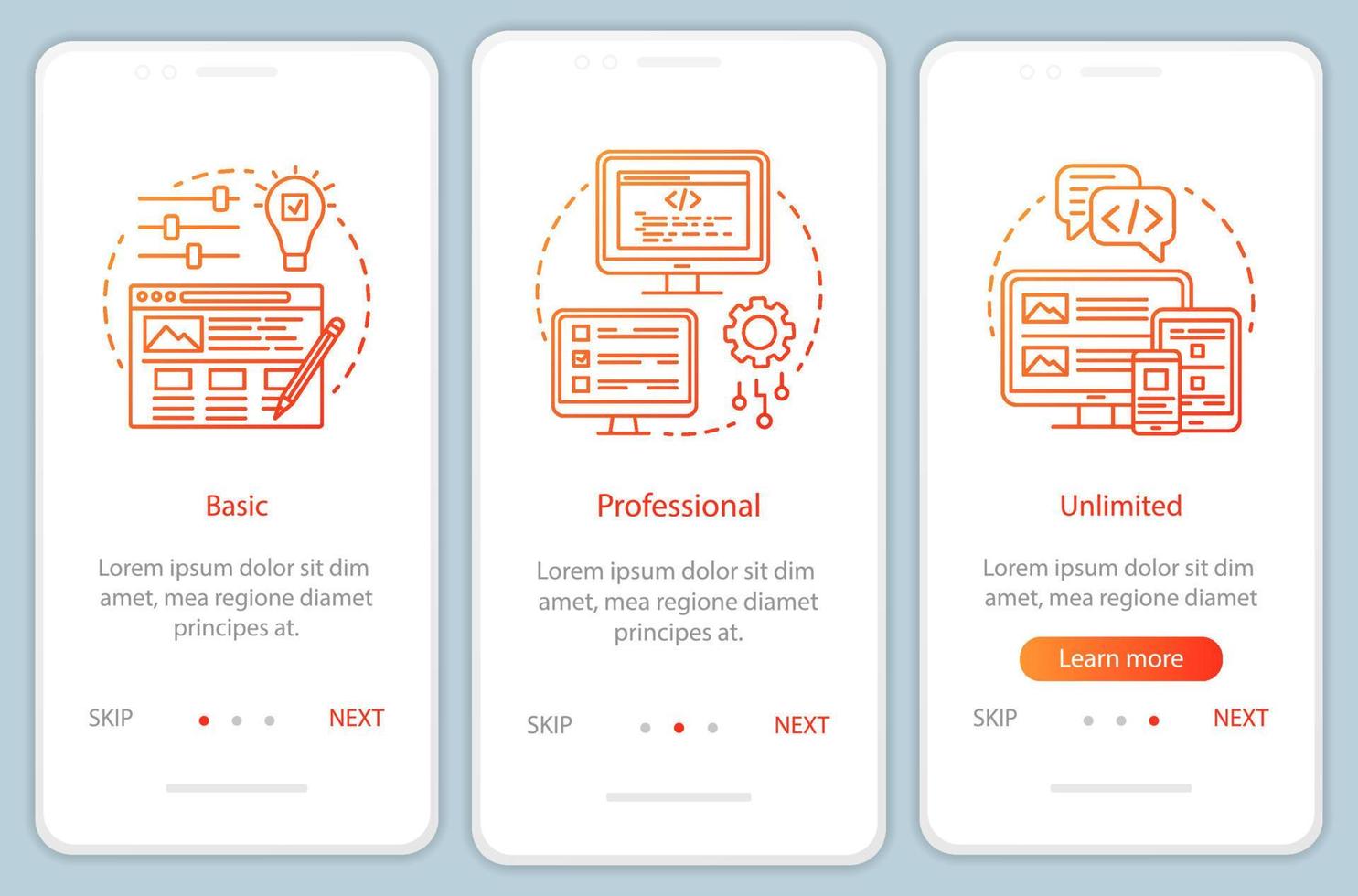 Website builder pricing onboarding mobile app page screen with linear concepts. Basic, unlimited tariffs. Three walkthrough steps graphic instructions. UX, UI, GUI vector template with illustrations