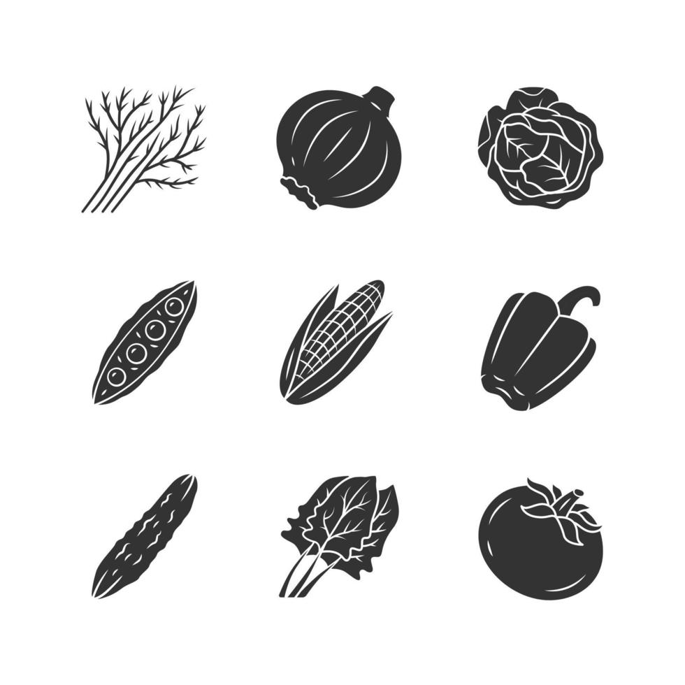 Vegetables glyph icon. Cabbage, beet, corn, tomato, pepper. Vitamin and diet. Healthy nutrition. Salad ingredient. Silhouette symbol. Negative space. Vector isolated illustration