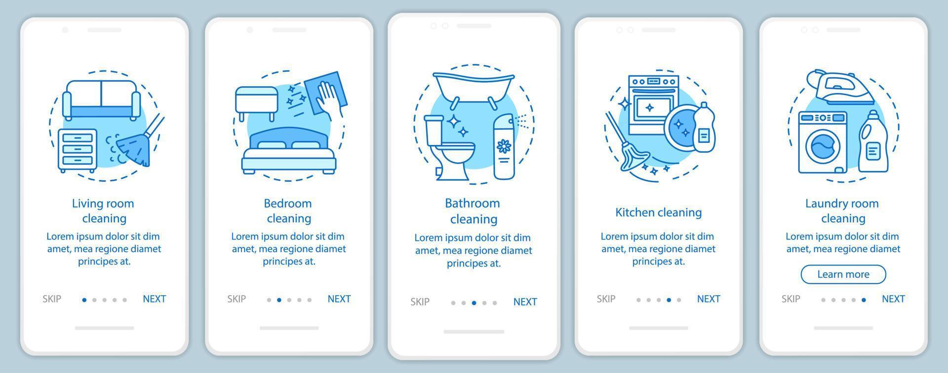 pantalla de la página de la aplicación móvil de incorporación de limpieza del hogar, conceptos lineales. instrucciones gráficas de cinco pasos de recorrido. sala de estar, dormitorio, baño de limpieza. ux, ui, plantilla vectorial gui con ilustraciones vector