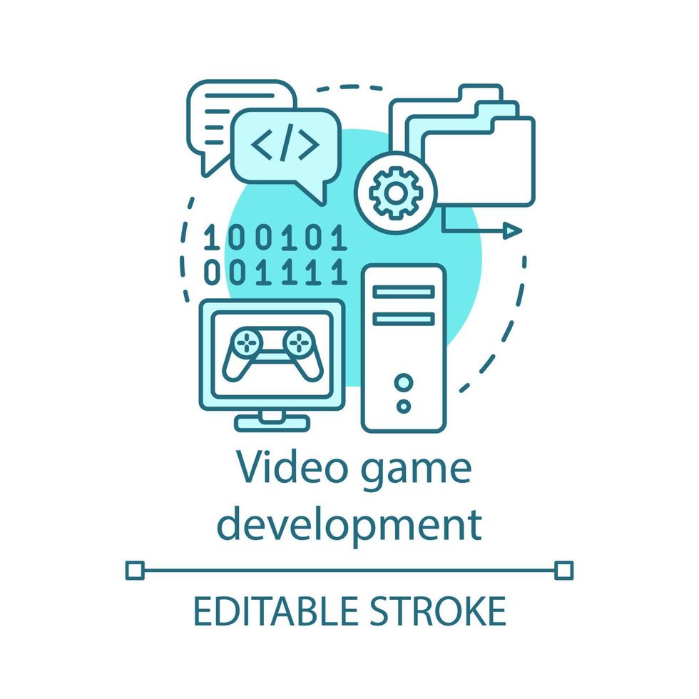 Video game development concept icon. Entertainment program installation. Gaming software programming, tuning, testing idea thin line illustration. Vector isolated outline drawing. Editable stroke