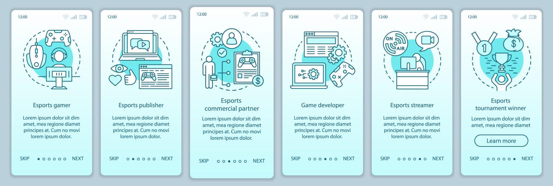 Esports onboarding mobile app page screen vector template. Video games competition. Gaming tournament. Walkthrough website steps with linear illustrations. UX, UI, GUI smartphone interface concept