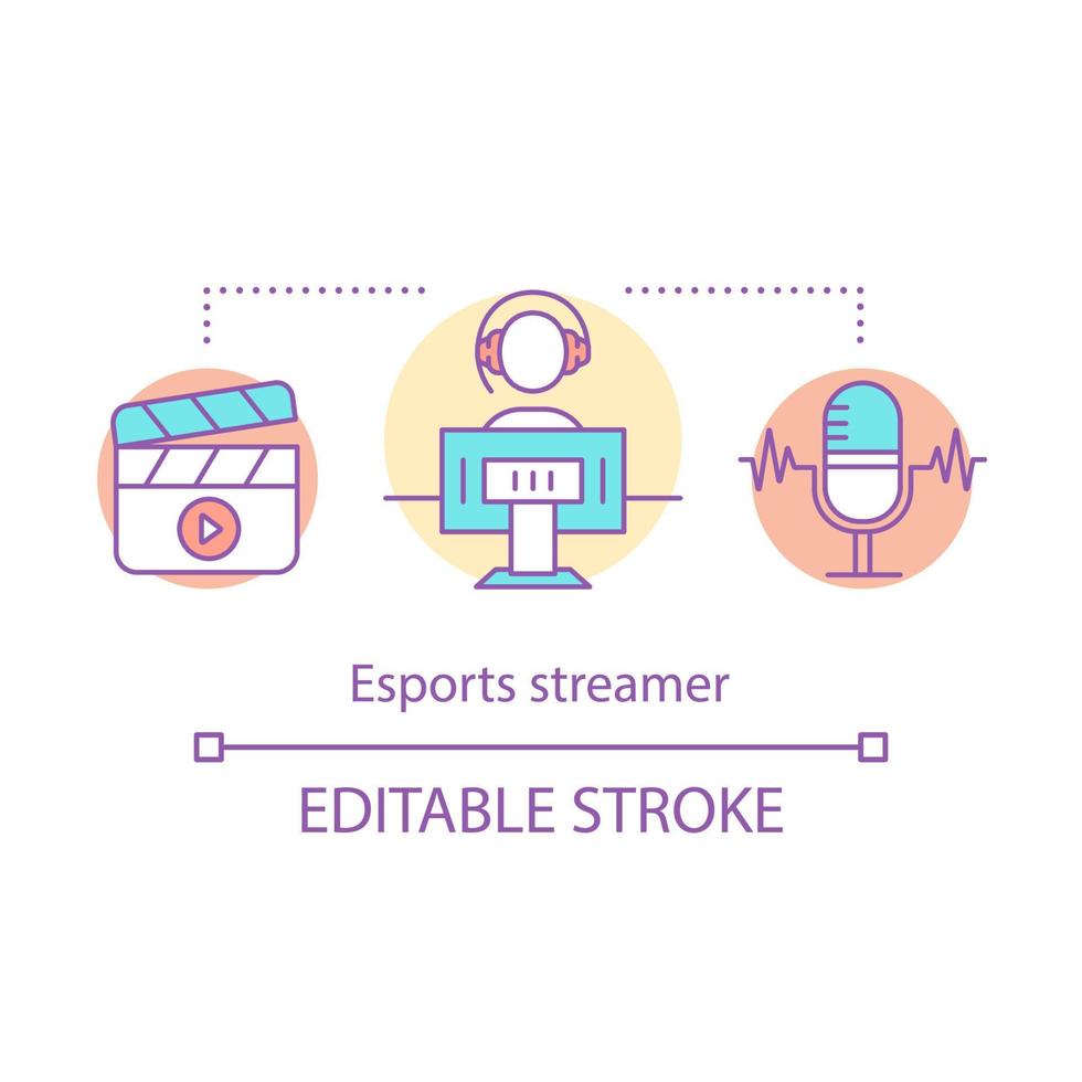 Esports streamer concept icon. E sports tournament commentator. Videoblogger work. Movie review. Video game stream idea thin line illustration. Vector isolated outline drawing. Editable stroke