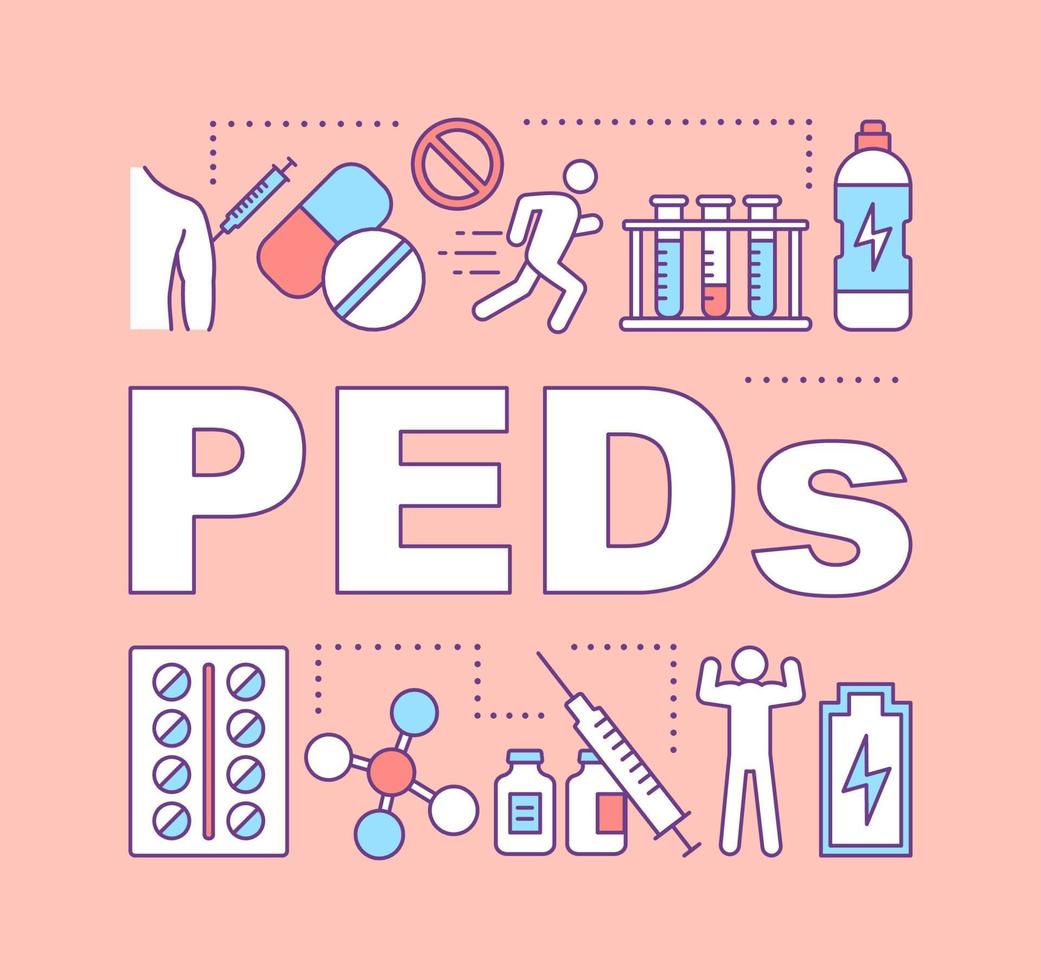 PEDs word concepts banner. Performance enhancing substances. Athletes drugs. Doping control. Presentation, website. Isolated lettering typography idea with linear icons. Vector outline illustration