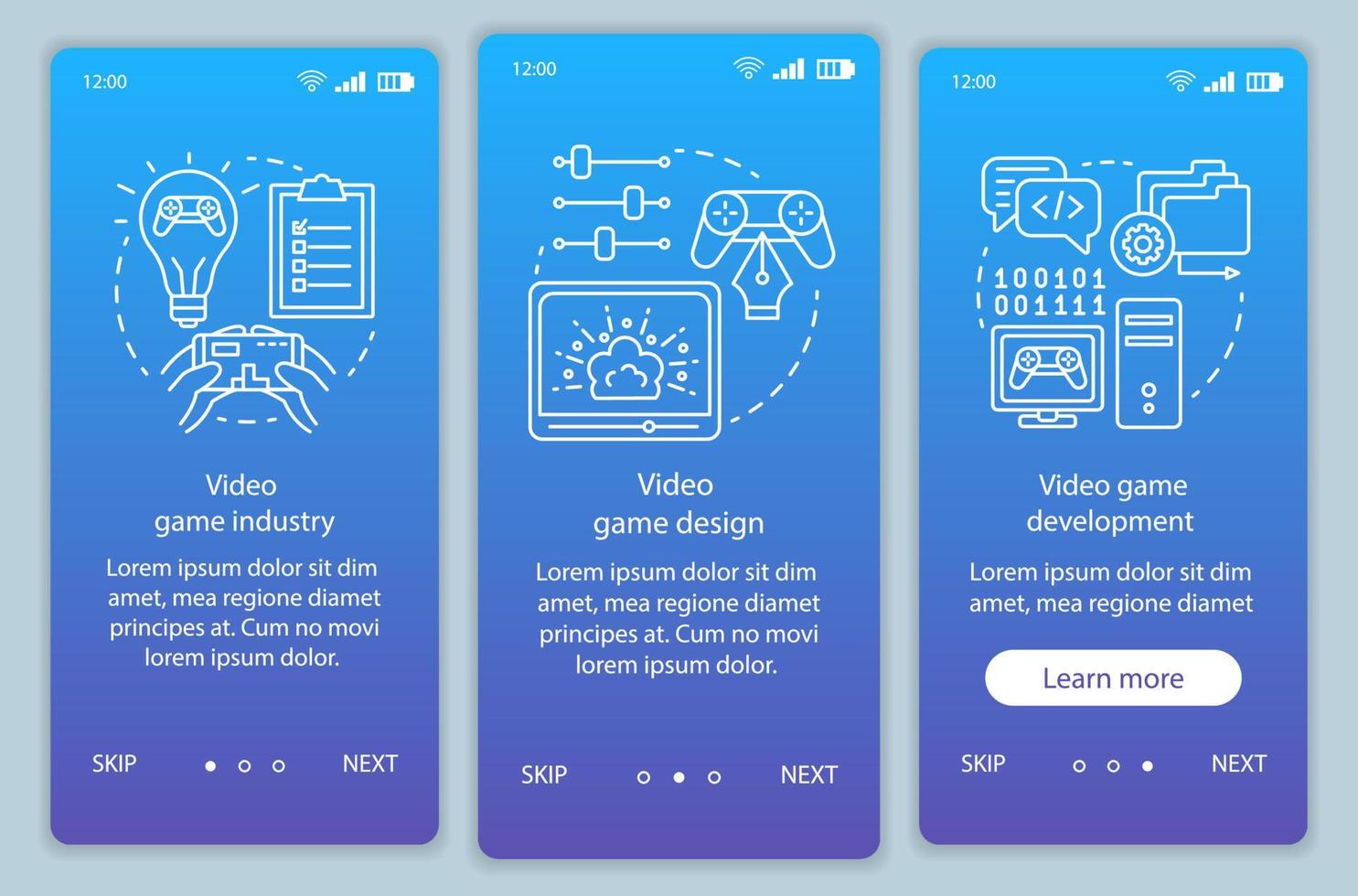 plantilla de vector de pantalla de página de aplicación móvil de incorporación de industria de videojuegos. diseño, desarrollo de juegos de computadora. paso a paso del sitio web con ilustraciones lineales. ux, ui, concepto de interfaz de teléfono inteligente gui