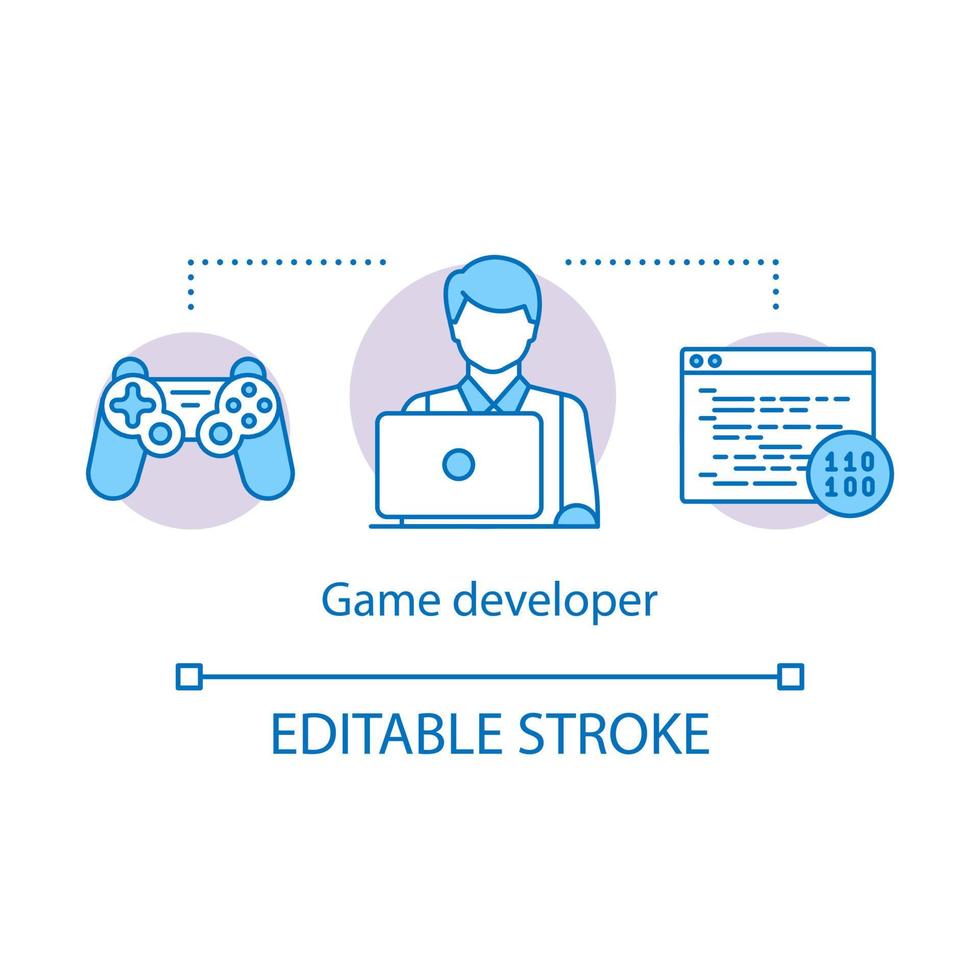 Game developer concept icon. Entertainment program development. Gaming software programming, testing. Programmer work idea thin line illustration. Vector isolated outline drawing. Editable stroke