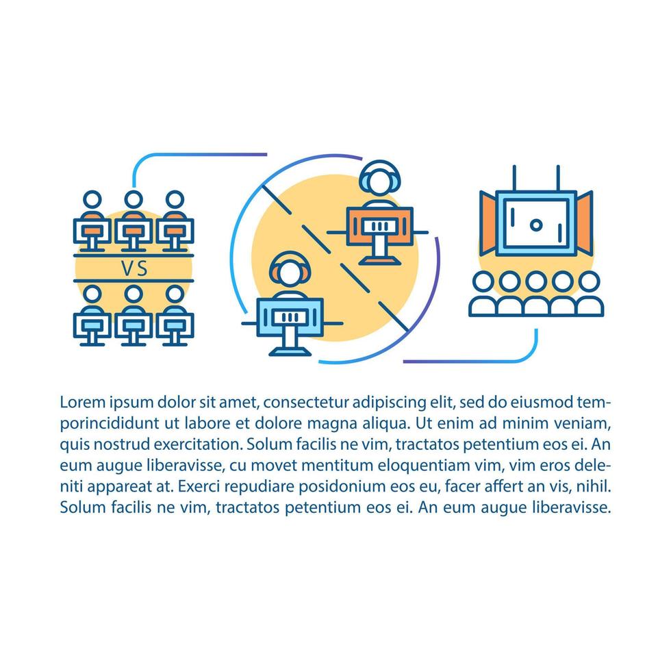 E sports tournament article page vector template. Online gaming. Brochure, magazine, booklet design element with linear icons and text boxes. Print design. Concept illustrations with text space