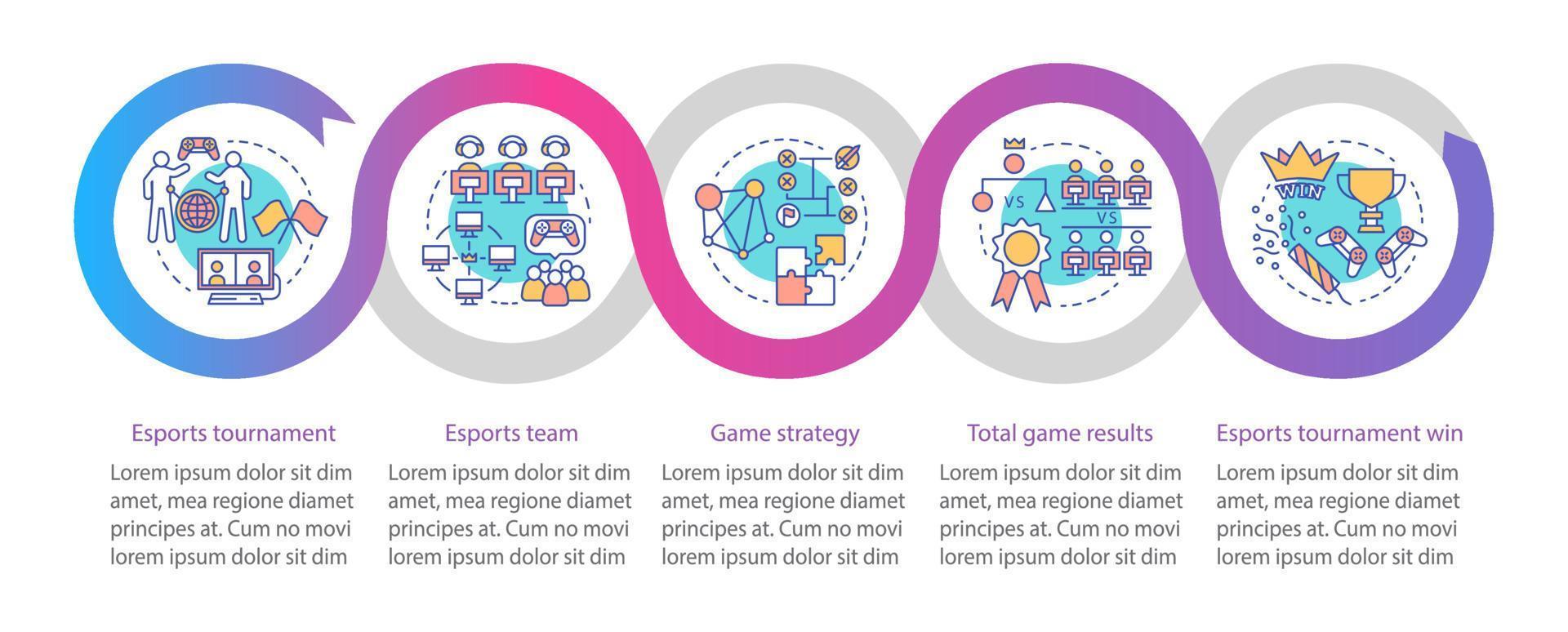 plantilla de infografía vectorial de torneo de esports. elementos de diseño de presentación de negocios. visualización de datos con cinco pasos y opciones. gráfico de línea de tiempo del proceso. diseño de flujo de trabajo con iconos lineales vector