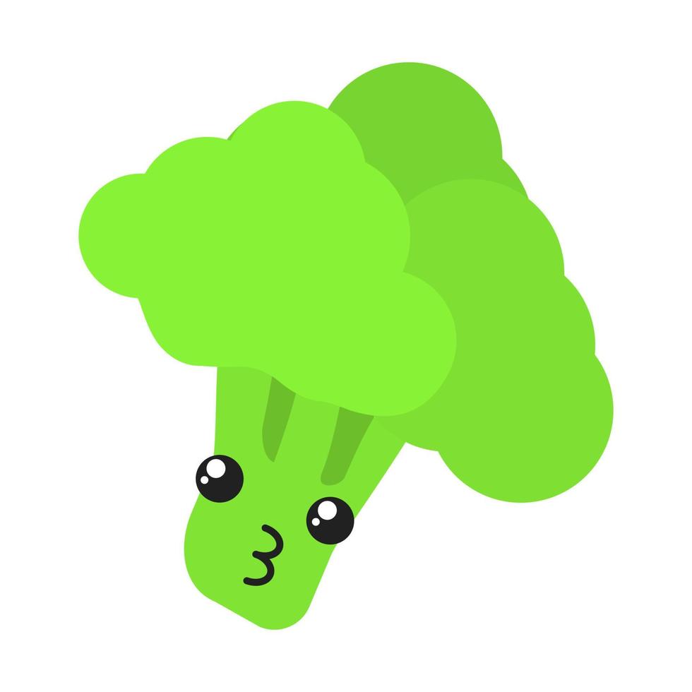 Broccoli cute kawaii flat design long shadow character. Happy vegetable with smiling face. Funny emoji, emoticon, kiss. Vector isolated silhouette illustration