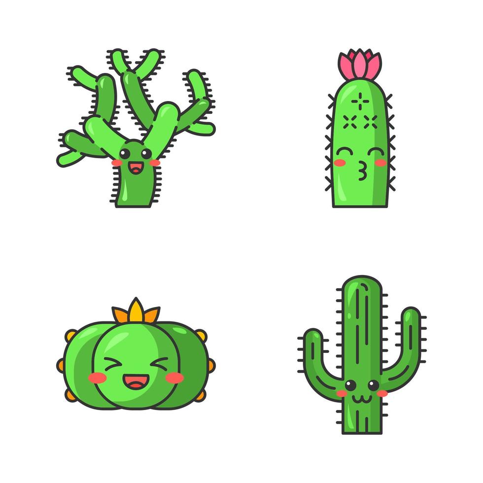 Cactuses cute kawaii vector characters. Plants with smiling face. Laughing peyote cactus, teddy bear cholla. Kissing hedgehog wild cacti. Funny emoji, emoticon set. Isolated cartoon color illustration