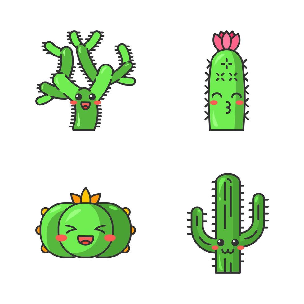 cactus lindos personajes vectoriales kawaii. plantas con cara sonriente. cactus peyote risueño, osito de peluche cholla. besando erizo cactus salvajes. emoji divertido, juego de emoticonos. ilustración de color de dibujos animados aislados vector