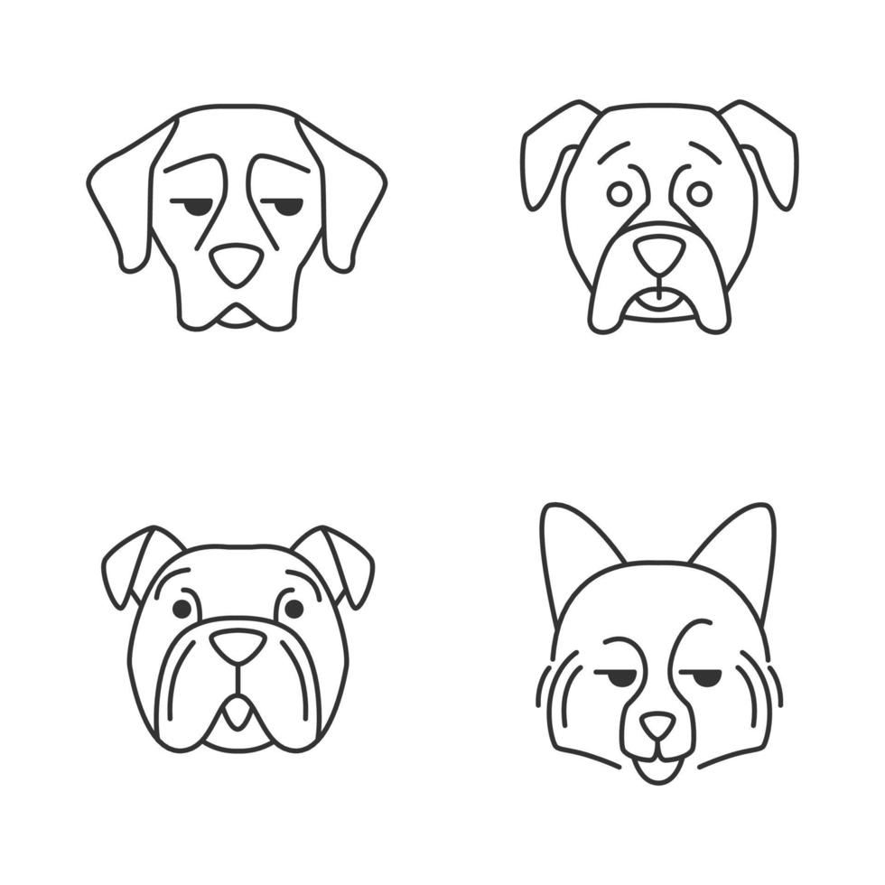 perros lindos personajes lineales kawaii. conjunto de iconos de línea delgada. spitz alemán sonriente. boxeador y bulldog silenciosos. animales con bozales sonrientes. ilustración de contorno aislado vectorial. trazo editable vector