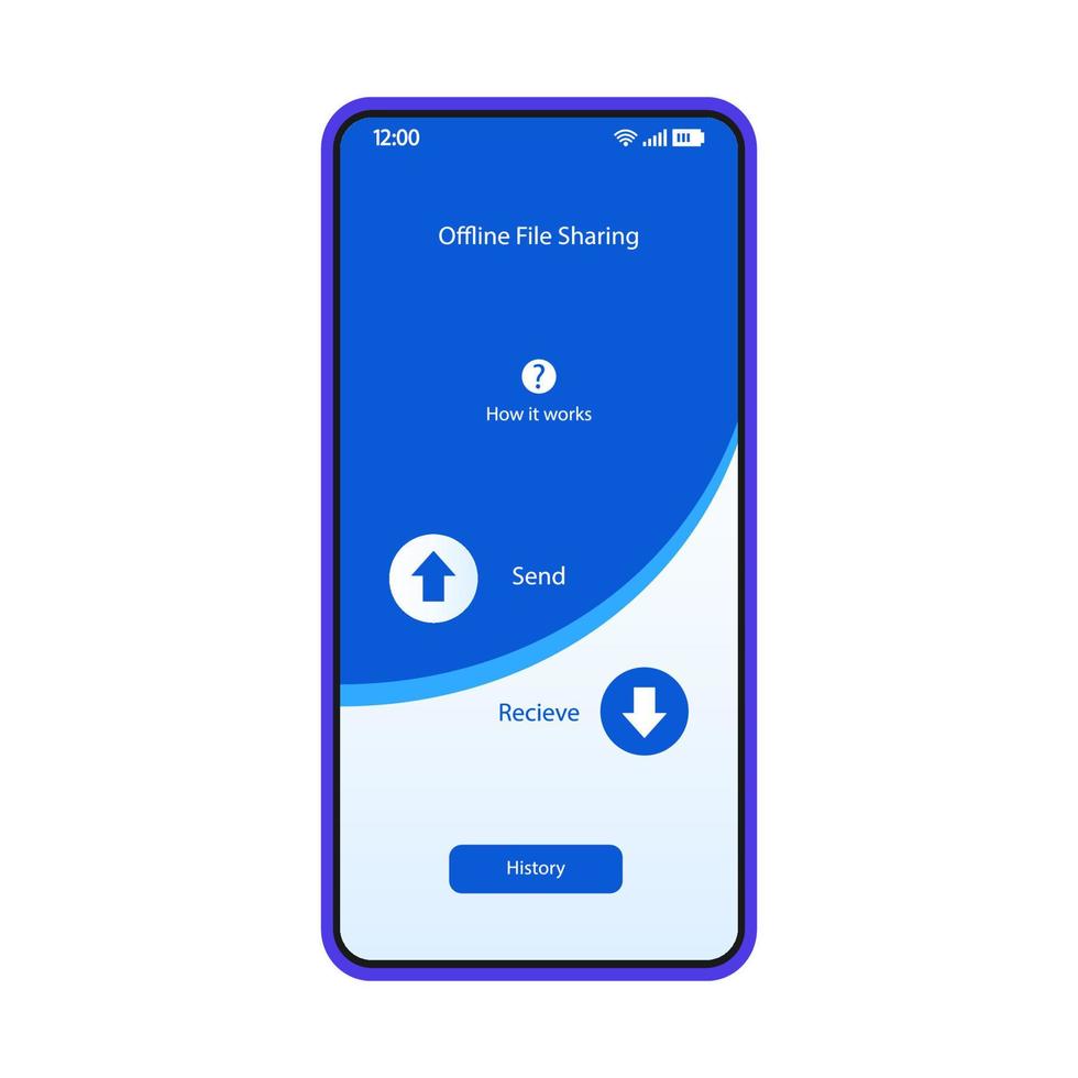 Offline file sharing smartphone interface vector template. Mobile app page blue design layout. File, media transfer screen. Flat UI for application. Data storage, receiving, exchange. Phone display