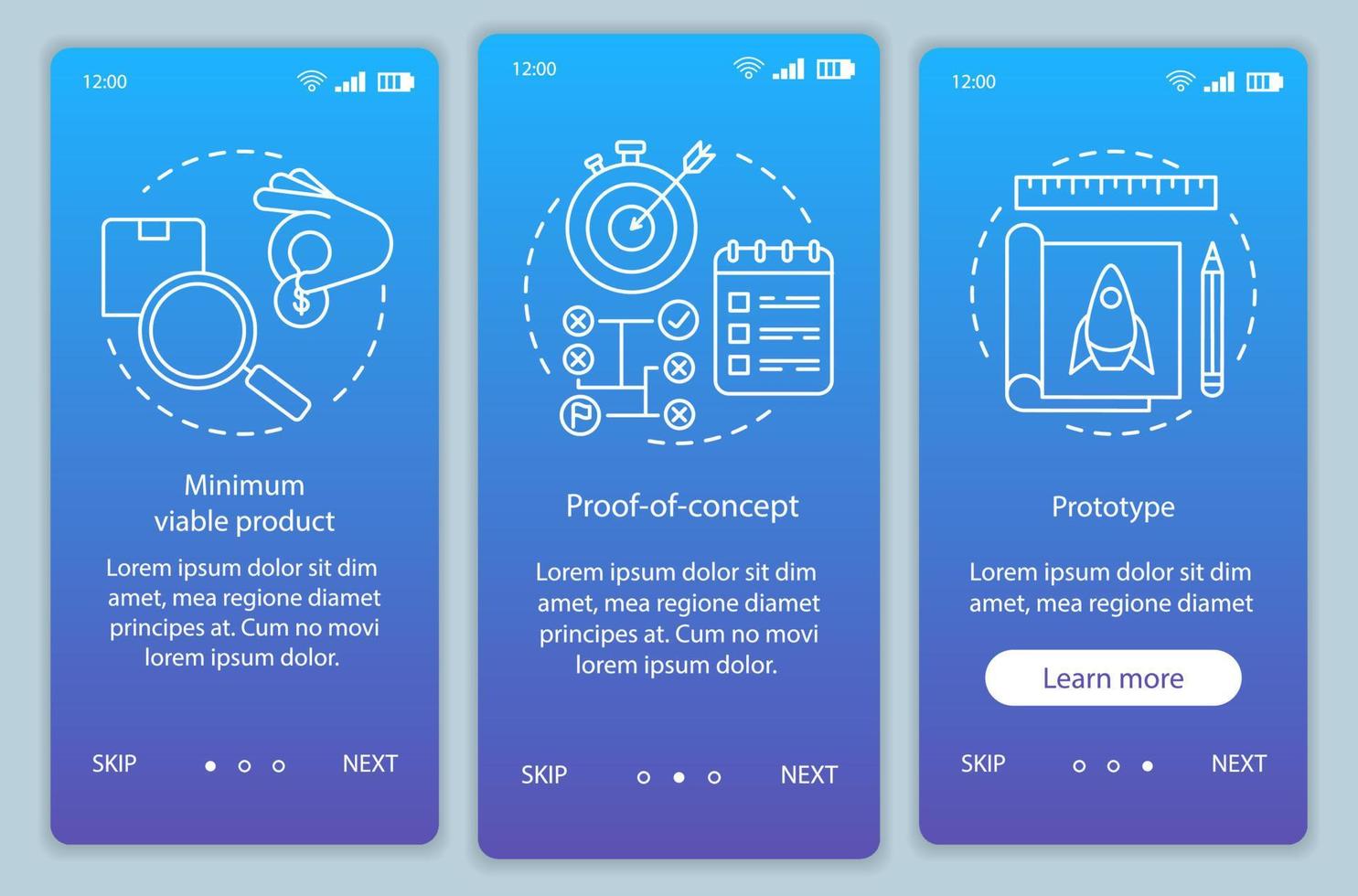 Startup testing onboarding mobile app page screen vector template. Product test. MVP, POC, prototype. Walkthrough website steps with linear illustrations. UX, UI, GUI smartphone interface concept