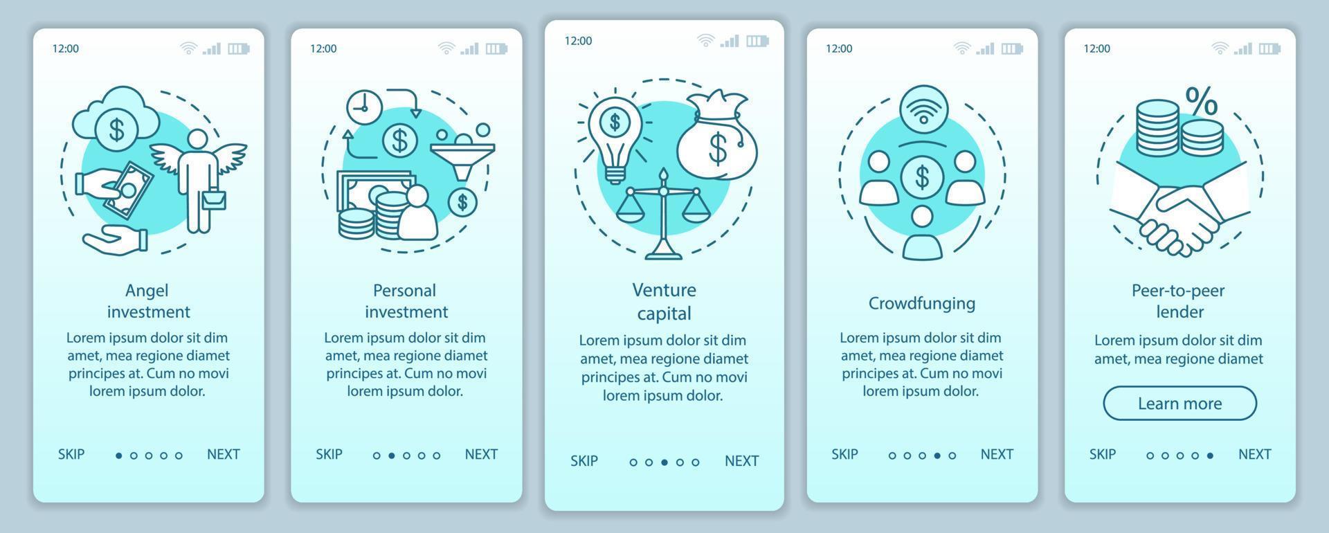 Startup investment onboarding mobile app page screen with linear concepts. Business funding, budgeting. walkthrough steps graphic instructions. UX, UI, GUI vector template with illustrations