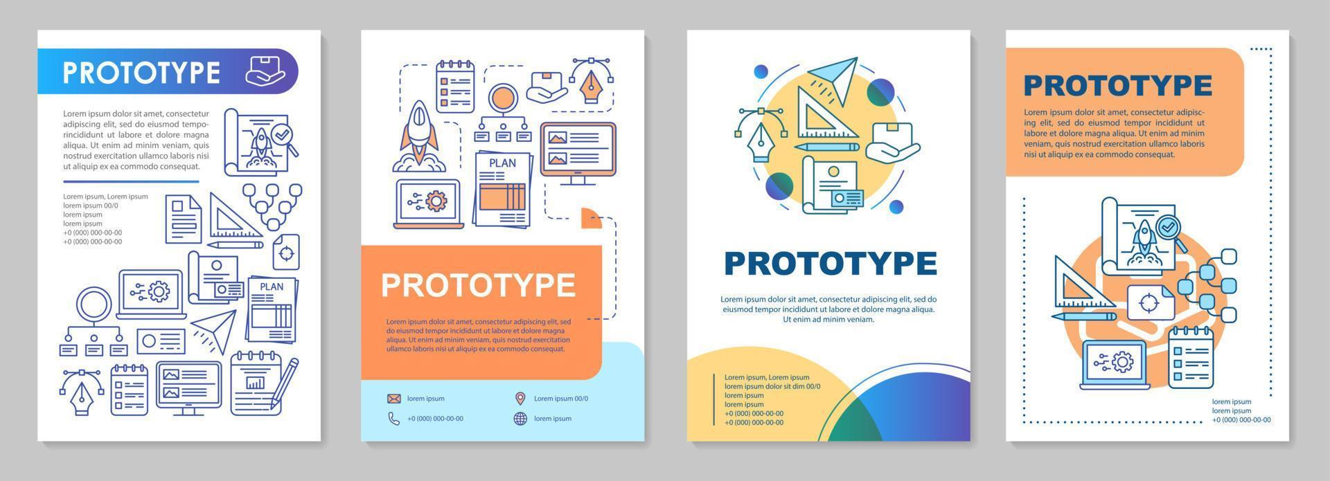 Prototype brochure template layout. Preliminary product. MVP. Flyer, booklet, leaflet print design with linear illustrations. Vector page layouts for magazines, annual reports, advertising posters